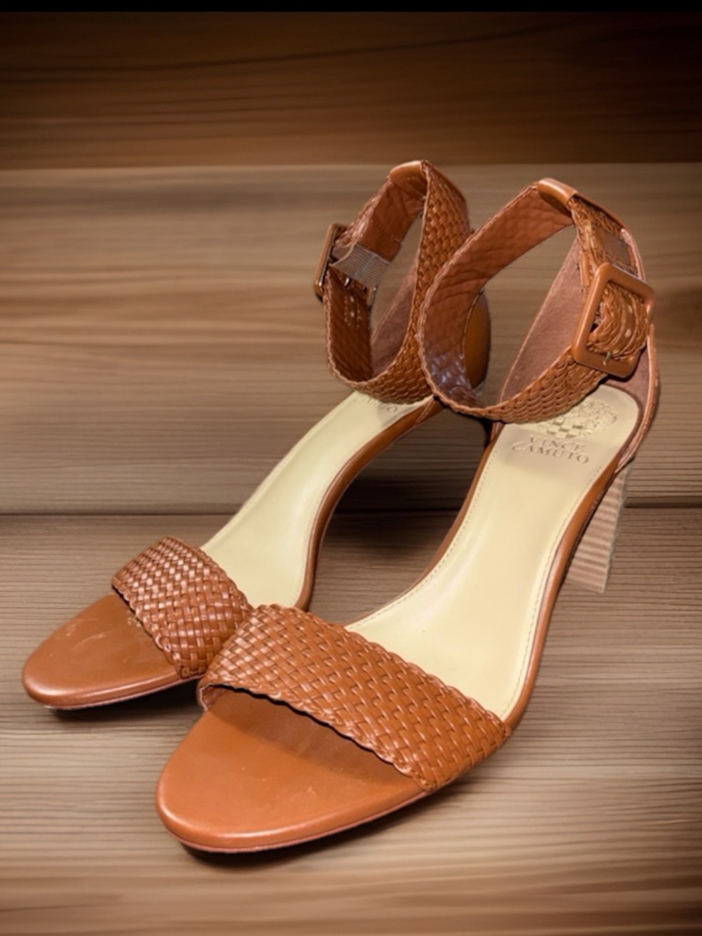 Vince Camuto Maghen brown braided leather ankle strap sandals, Women’s size 10M